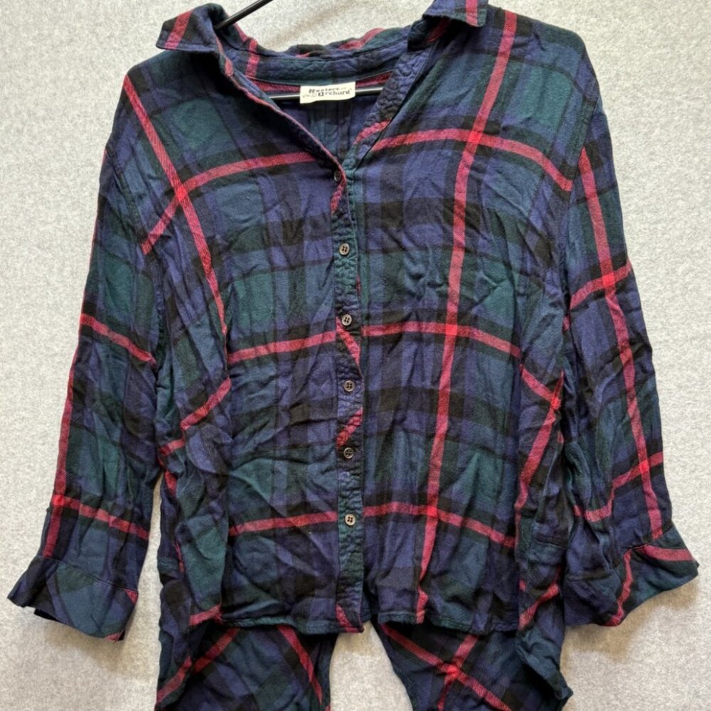 HESTER & ORCHARD Purple/Green Buffalo Plaid Shirt 3/4 Sleeves Womens Sz S
